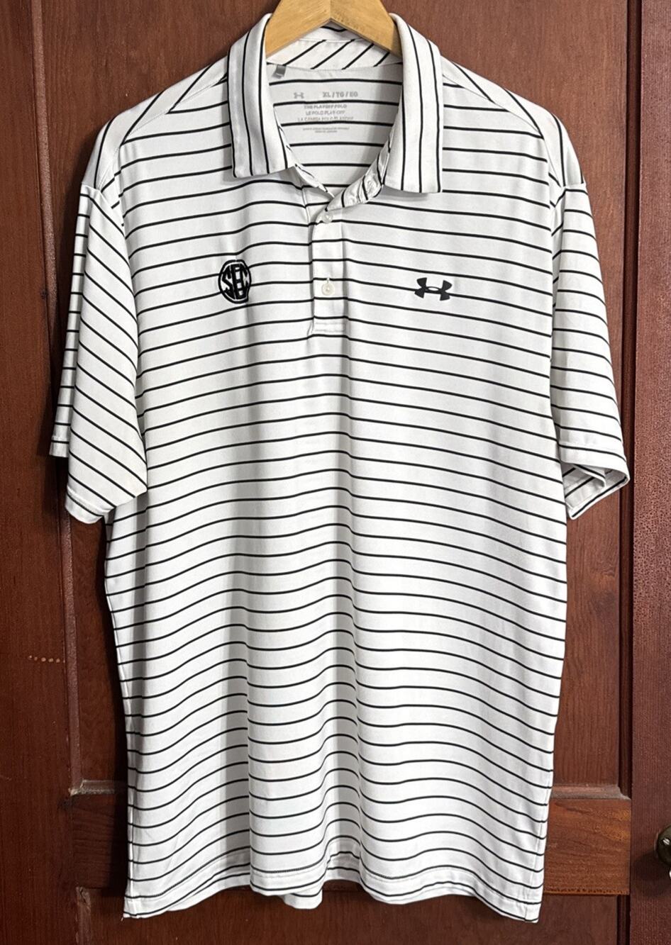 Under Armour SEC The Playoff Polo Men’s XL White Black Stripe Performance Shirt